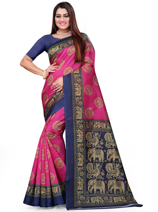 Kalini Pink & Navy Blue Ethnic Motifs Art Silk Half and Half Mysore Silk Saree - Distacart