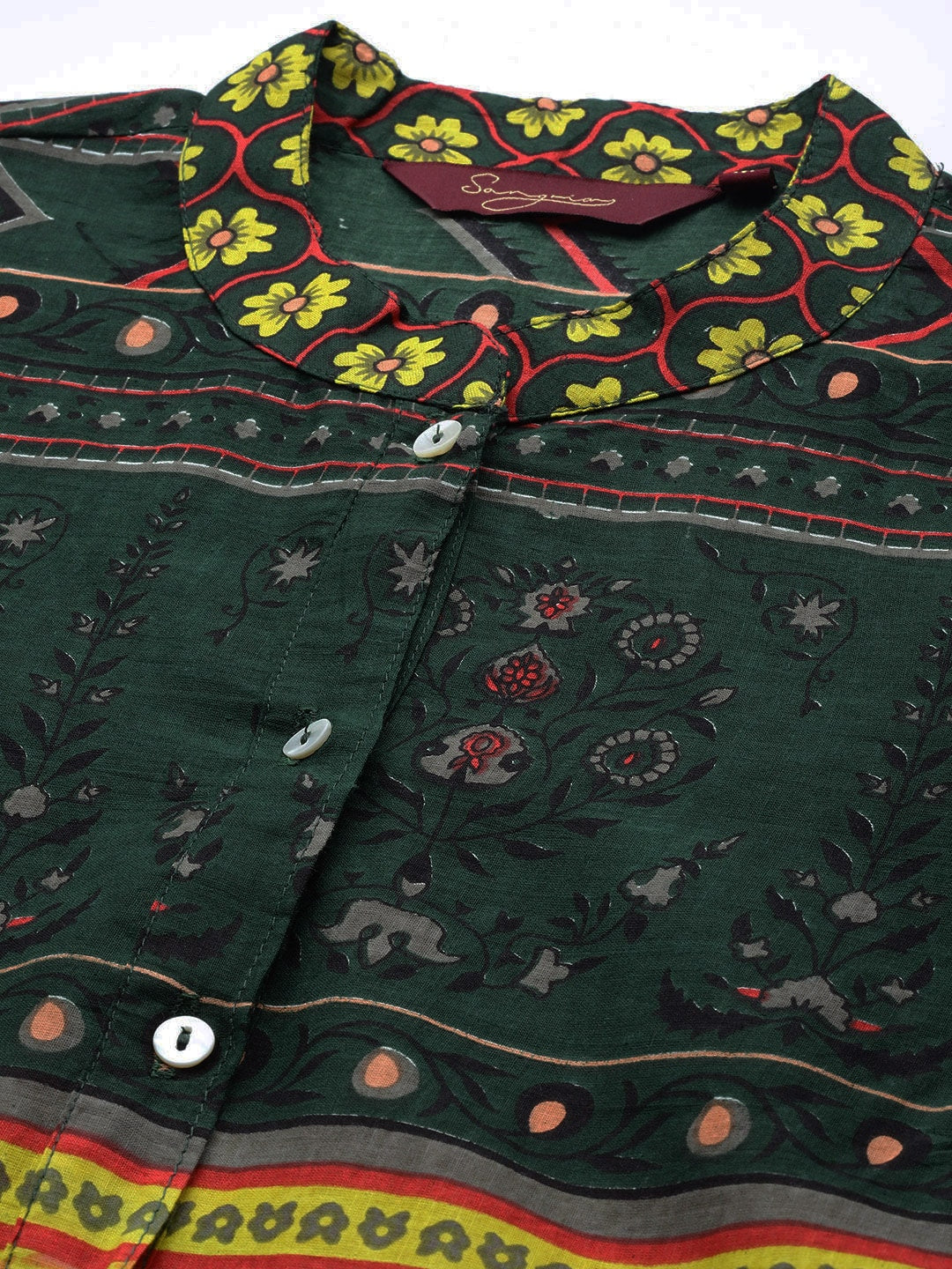 Sangria Women Green & Yellow Pure Cotton Ethnic Motifs Printed A-Line Kurta - Distacart