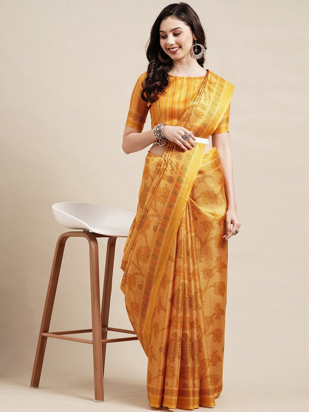 Saree Mall Yellow Floral Printed Bhagalpuri Saree - Distacart