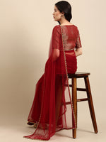 Thumbnail for Sangria Maroon Beads and Stones Net Saree - Distacart
