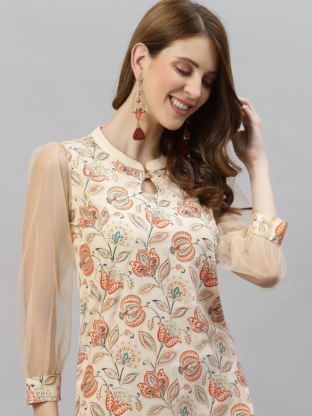 Kalini Women Cream-Coloured Floral Printed Keyhole Neck Kurta - Distacart