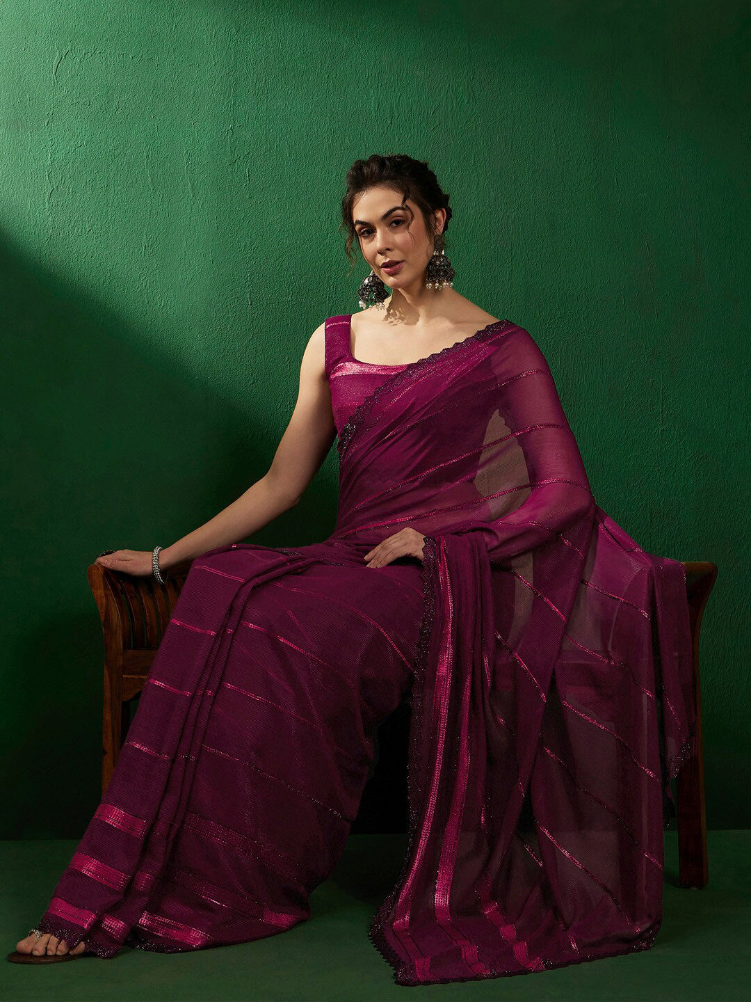 Sangria Striped Embellished Pure Georgette Saree - Distacart