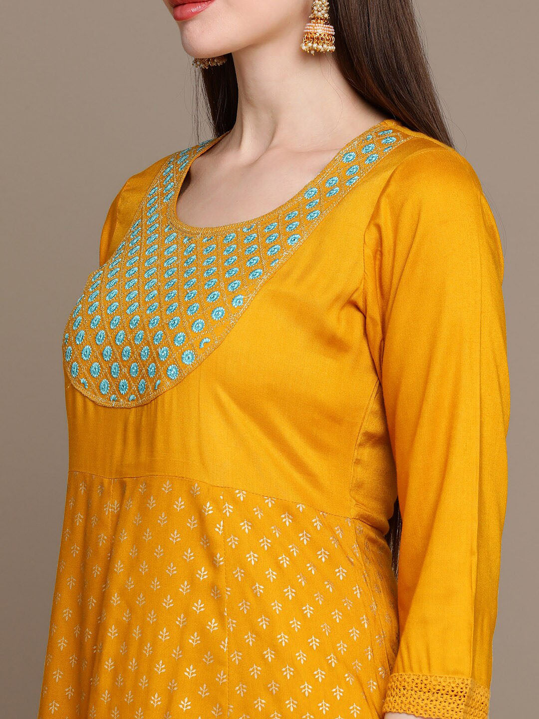 HERE&NOW Ethnic Motifs Embroidered Mirror Work Yoke Anarkali Kurta with Trousers & Dupatta - Distacart