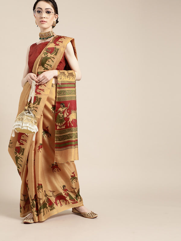 Saree Mall Saree Mall Creamy Mustard and Red Art Silk Saree - Distacart