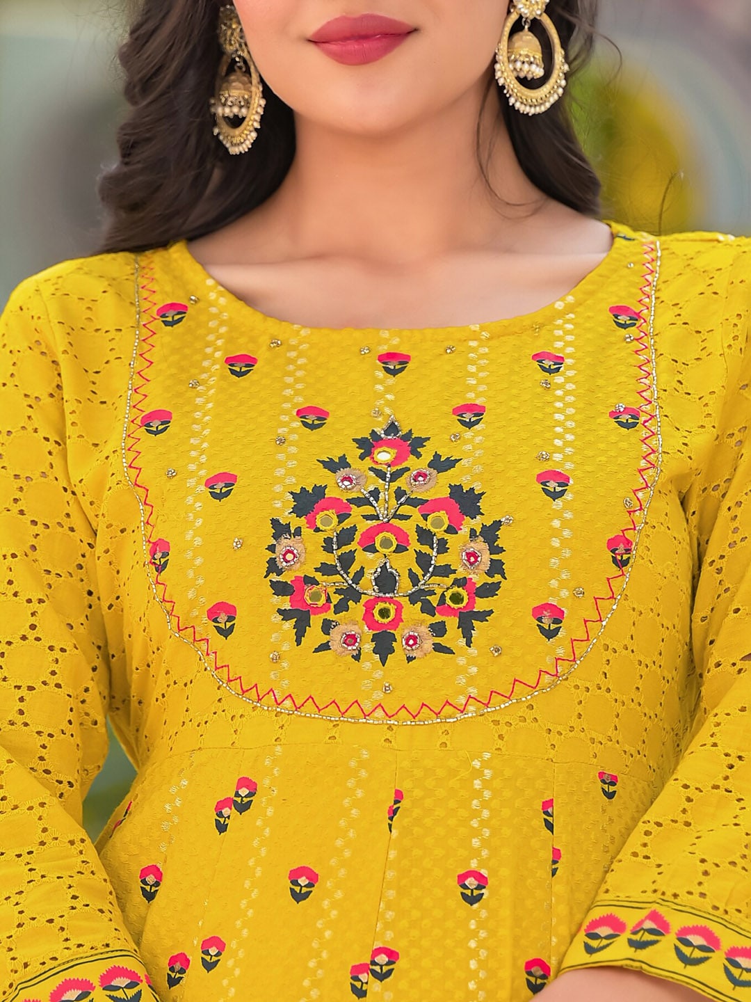 Sangria Yellow Floral Printed & Mirror Work Cotton Anarkali Kurta With Trouser & Dupatta - Distacart