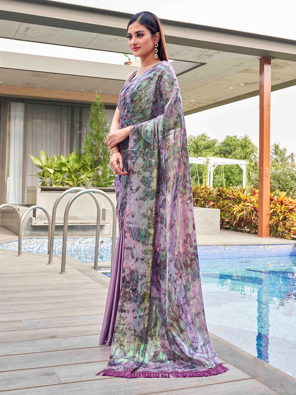 Tikhi Imli Mauve Abstract Printed Satin Half and Half Saree - Distacart