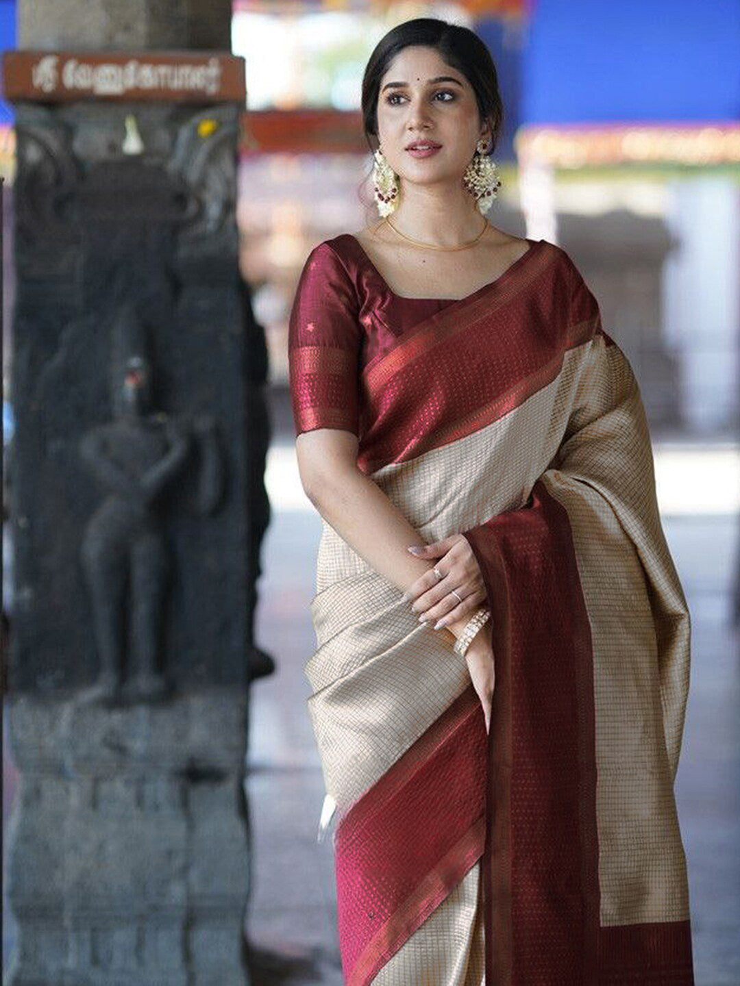 Mitera Off White & Maroon Checked Zari Saree - Distacart