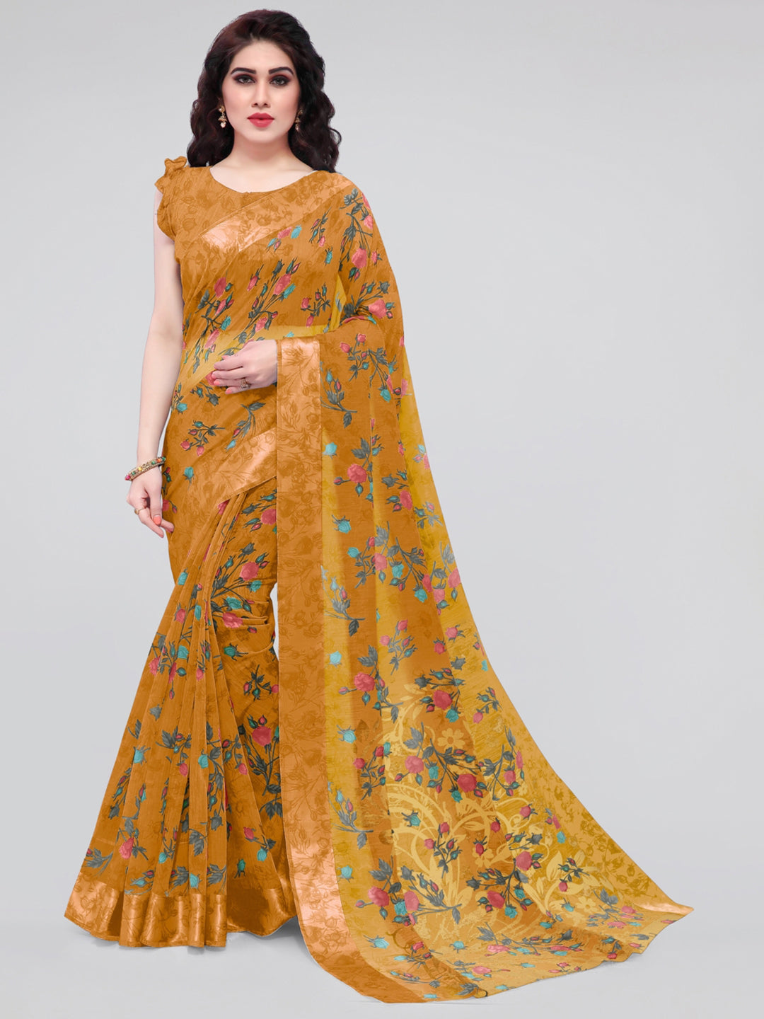 Kalini Mustard & Blue Floral Bagh Saree - Distacart