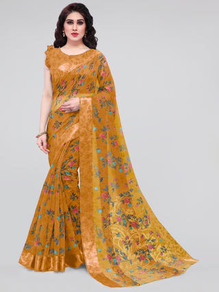 Kalini Mustard & Blue Floral Bagh Saree - Distacart