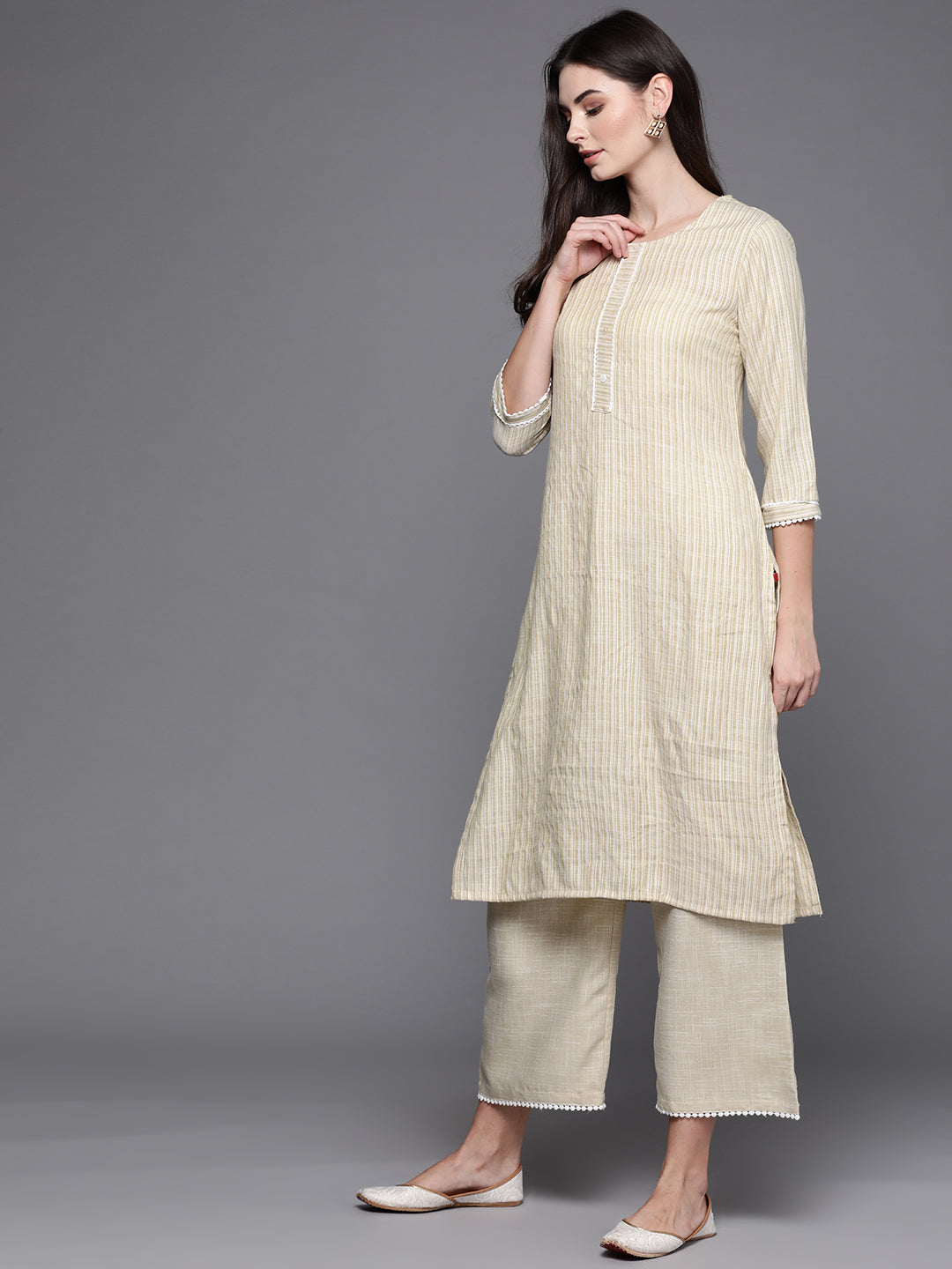 Biba Women Green & White Striped Kurta with Palazzos & Dupatta - Distacart