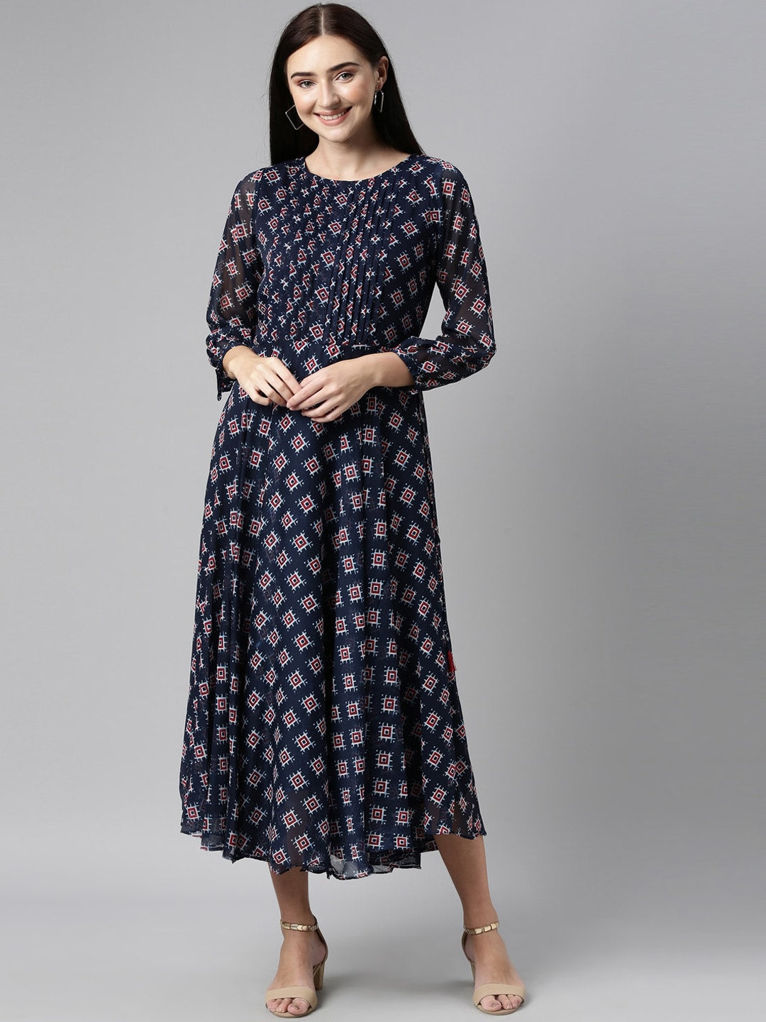 Souchii Blue & Red Ethnic Motifs Printed Chiffon Fit & Flare Midi Dress - Distacart