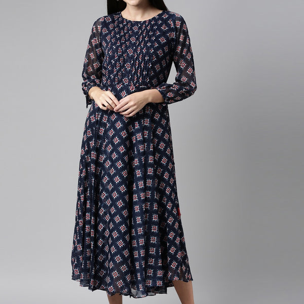 Souchii Blue & Red Ethnic Motifs Printed Chiffon Fit & Flare Midi Dress - Distacart