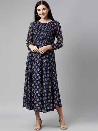 Souchii Blue & Red Ethnic Motifs Printed Chiffon Fit & Flare Midi Dress - Distacart