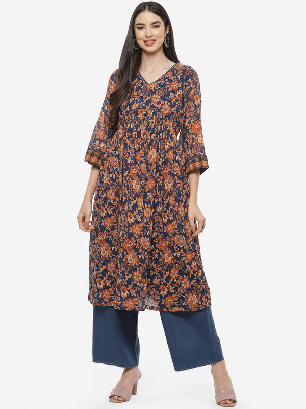 Biba Women Blue Floral Printed Pure Cotton Kurti with Palazzos - Distacart
