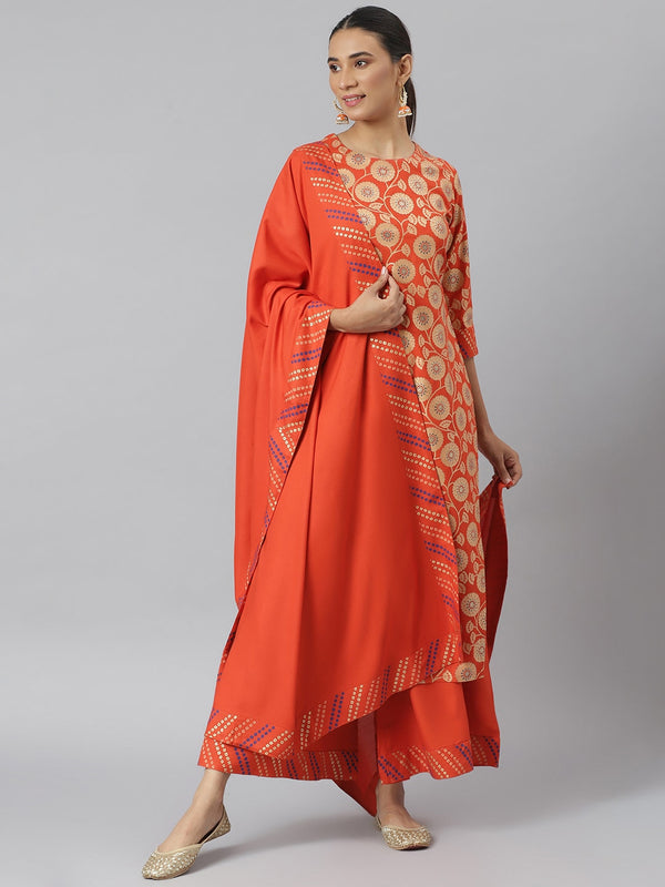 Khushal K Women Red & Cream-Coloured Printed Kurta with Palazzos & Dupatta - Distacart