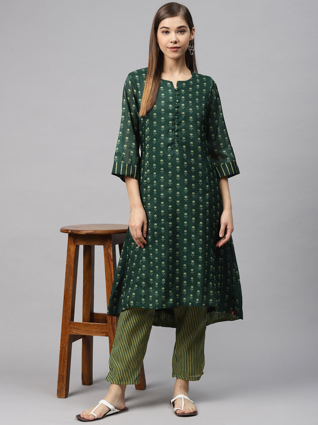 Biba Women Green Printed Kurta with Trousers - Distacart