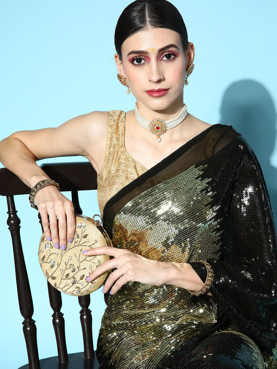 Mitera Black & Golden Embellished Sequinned Saree - Distacart