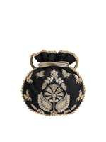 Thumbnail for Masq Black & Gold-Toned Embellished Embroidered Potli Clutch - Distacart