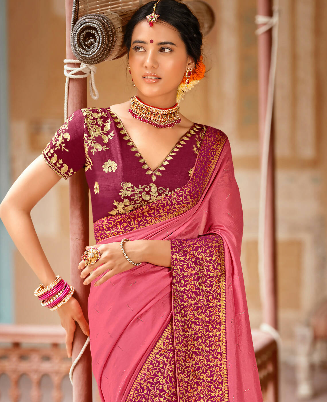 Pink Vichitra Stone Work Saree With Unstitched Blouse Piece - Rosy - Distacart