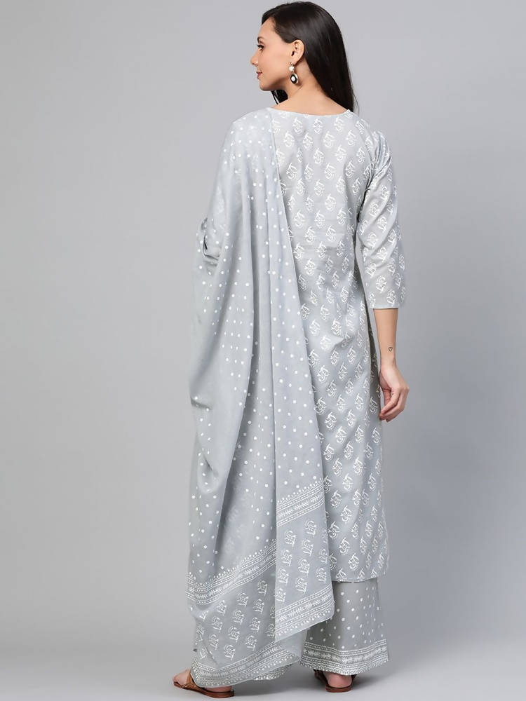 Yufta Grey and White Printed Kurta With Palazzo and Dupatta Set