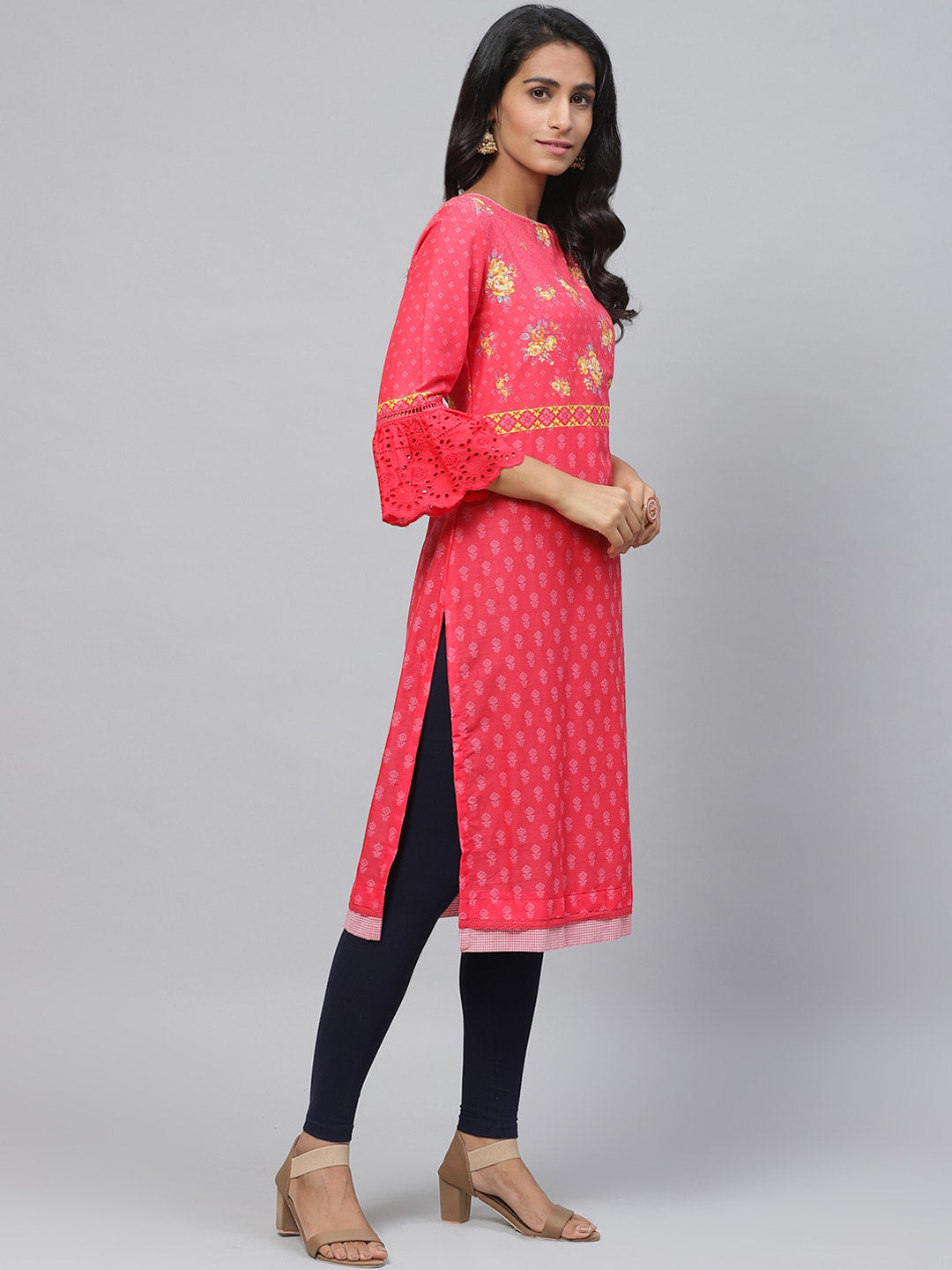 Biba Women Pink & Yellow Floral Detail Ethnic Printed Straight Kurta - Distacart
