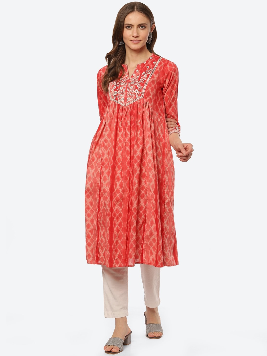 Biba Women Red Floral Printed Thread Work A-line Kurta - Distacart
