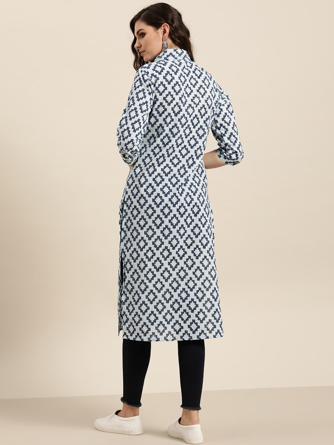 Sangria Women Navy Blue & Grey Pure Cotton Geometric Printed Kurta - Distacart