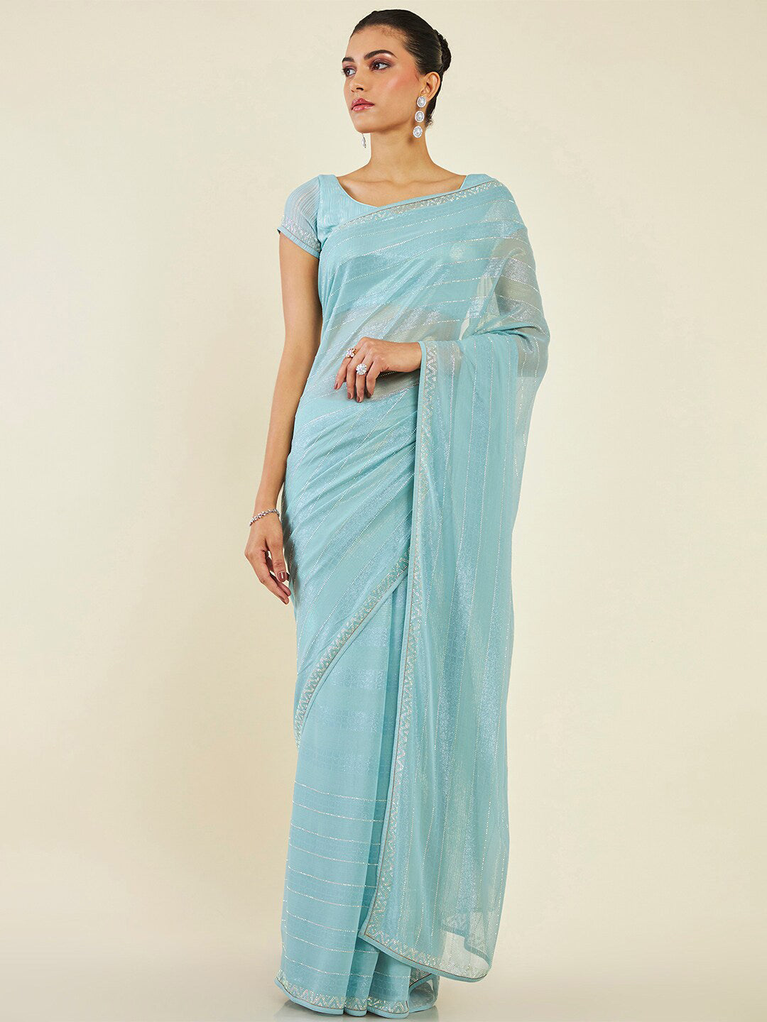 Soch Striped Embellished Pure Chiffon Saree - Distacart