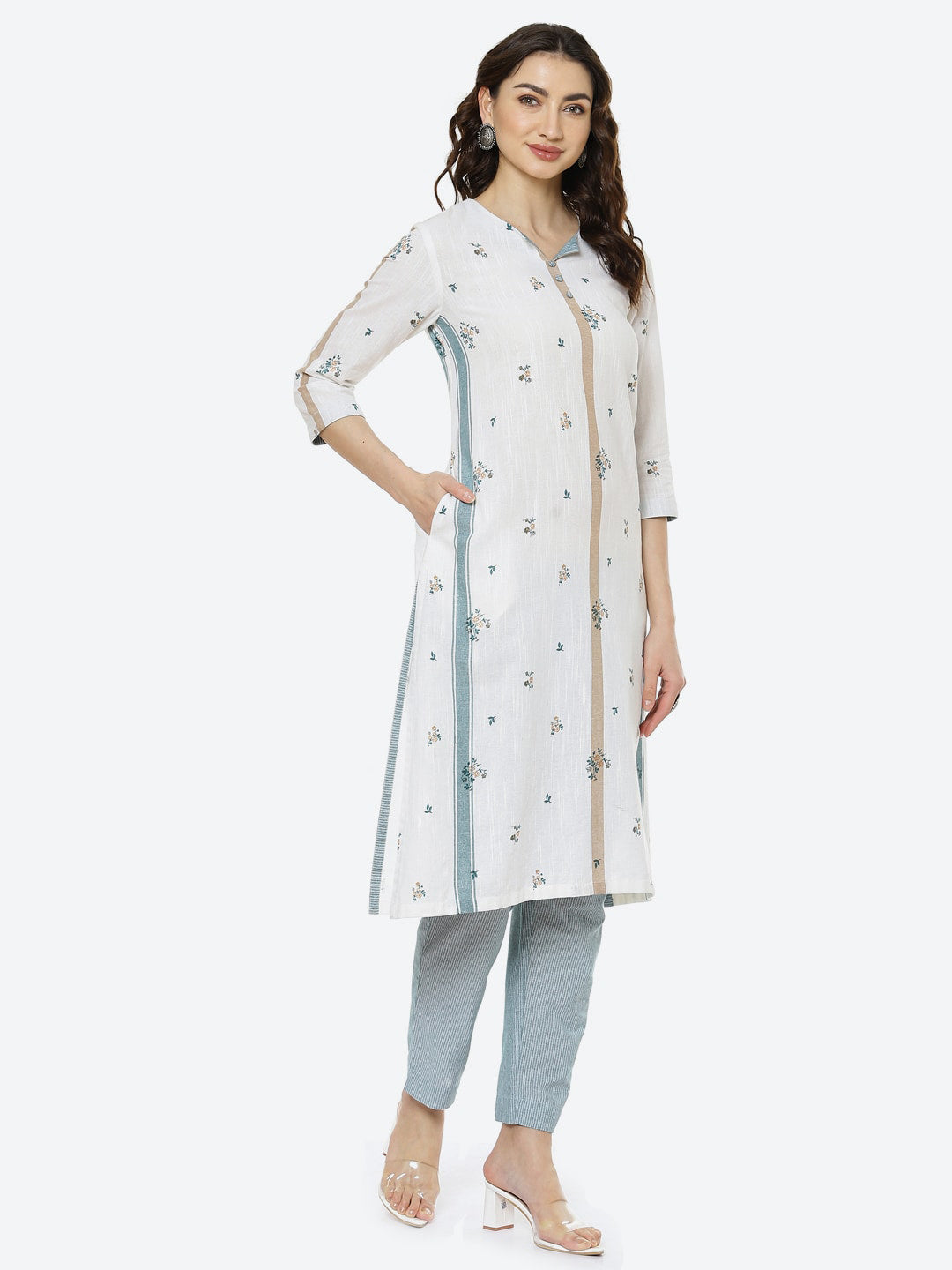 Biba Women White & Blue Printed Pure Cotton Kurta with Trouser - Distacart