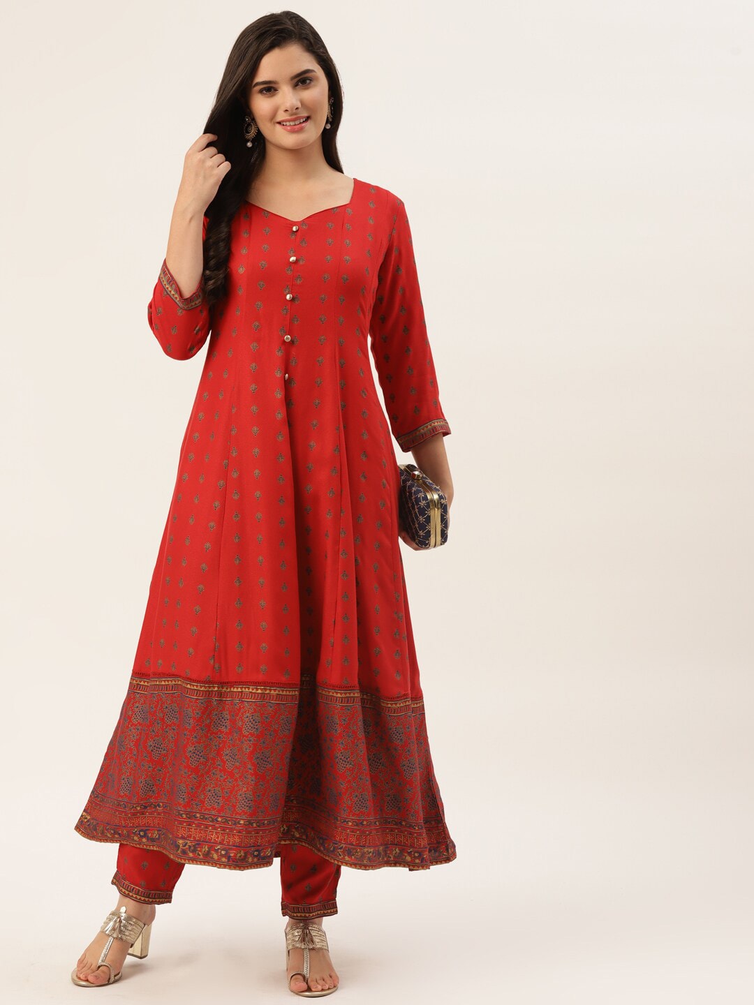 HERE&NOW Women Red Ethnic Motifs Printed Kurta with Trousers - Distacart