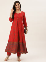 Thumbnail for HERE&NOW Women Red Ethnic Motifs Printed Kurta with Trousers - Distacart