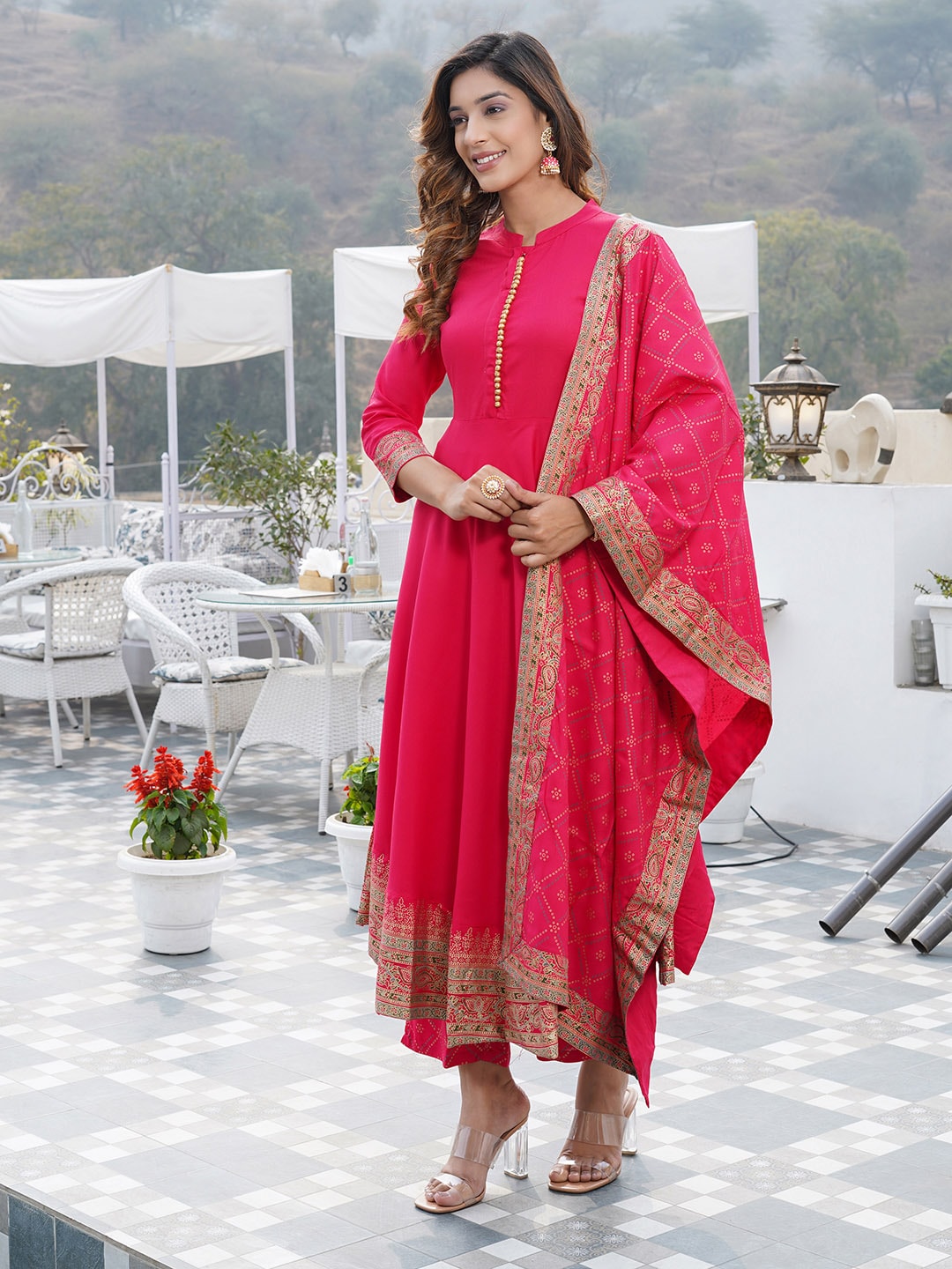 Kalini Mandarin Collar Floral Printed Kurta with Trousers & With Dupatta - Distacart
