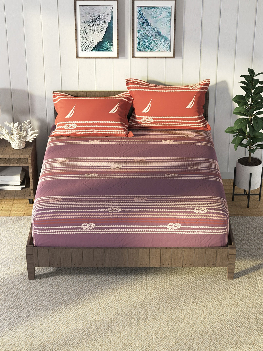 Nautica Purple & Orange Striped Cotton 160 TC King Bedsheet With 2 Pillow Covers - Distacart