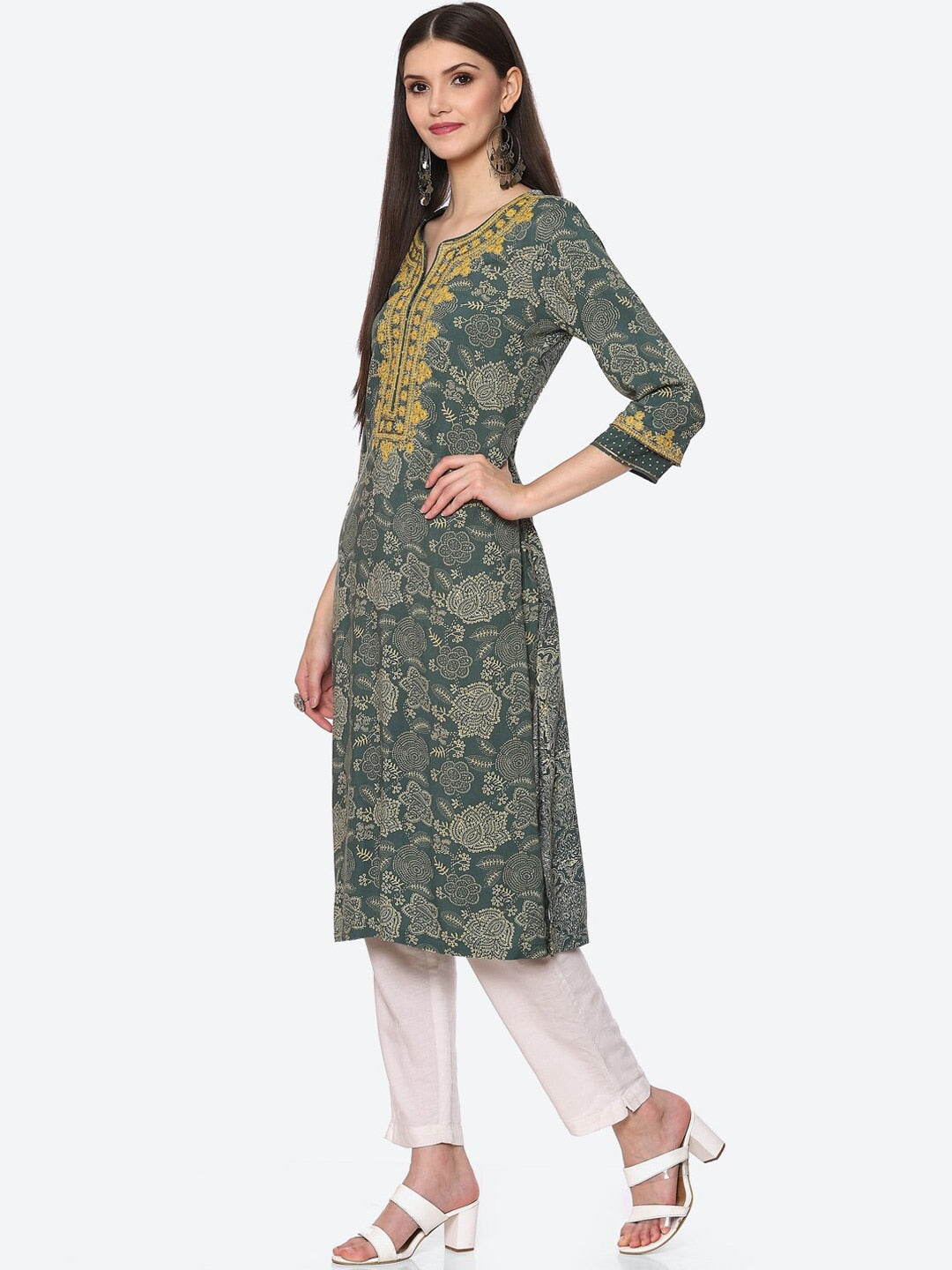 Biba Women Green Floral Embroidered Kurta - Distacart