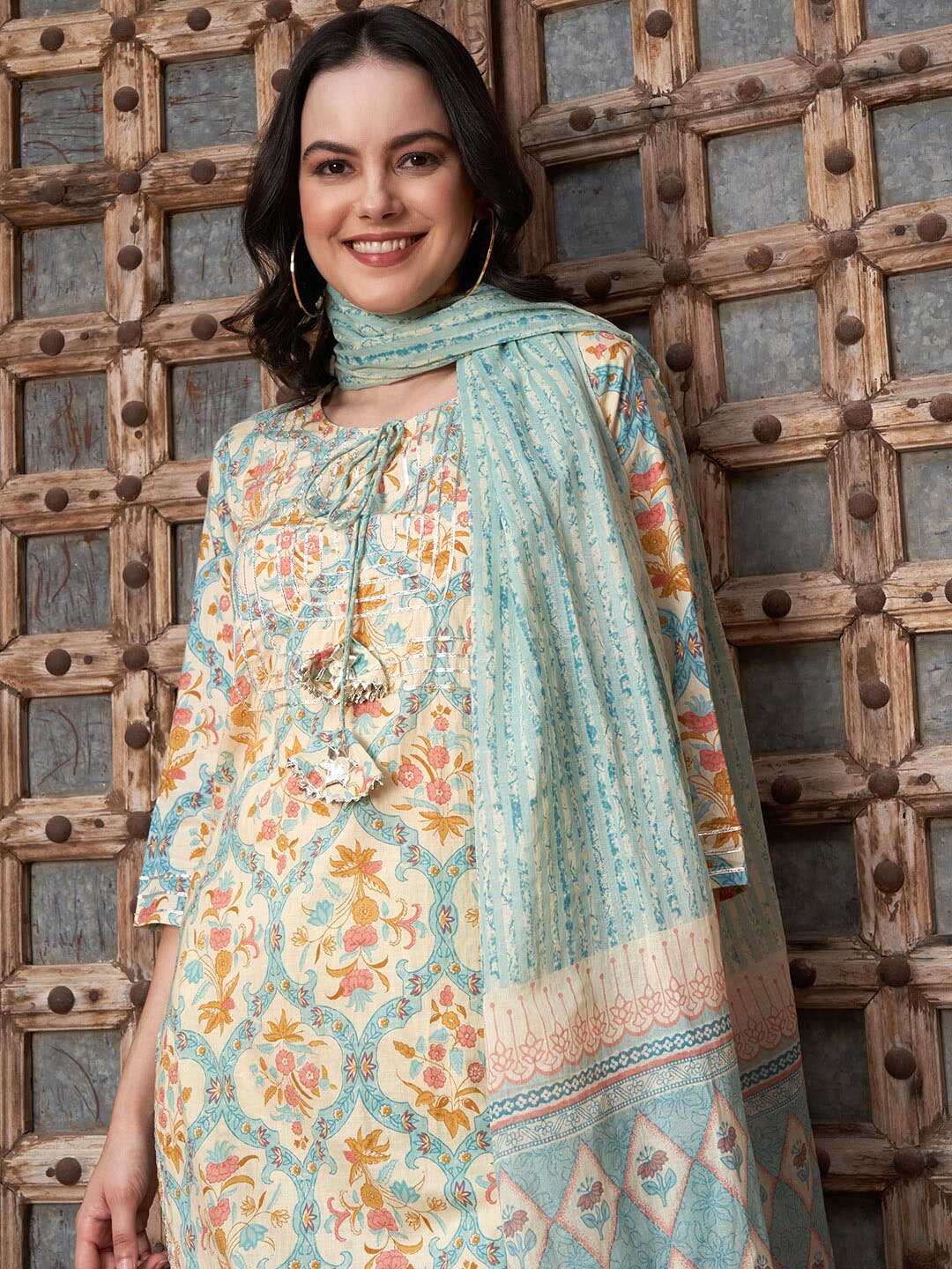 Sangria Orange Floral Printed Cotton Straight Kurta with Trousers & Dupatta - Distacart