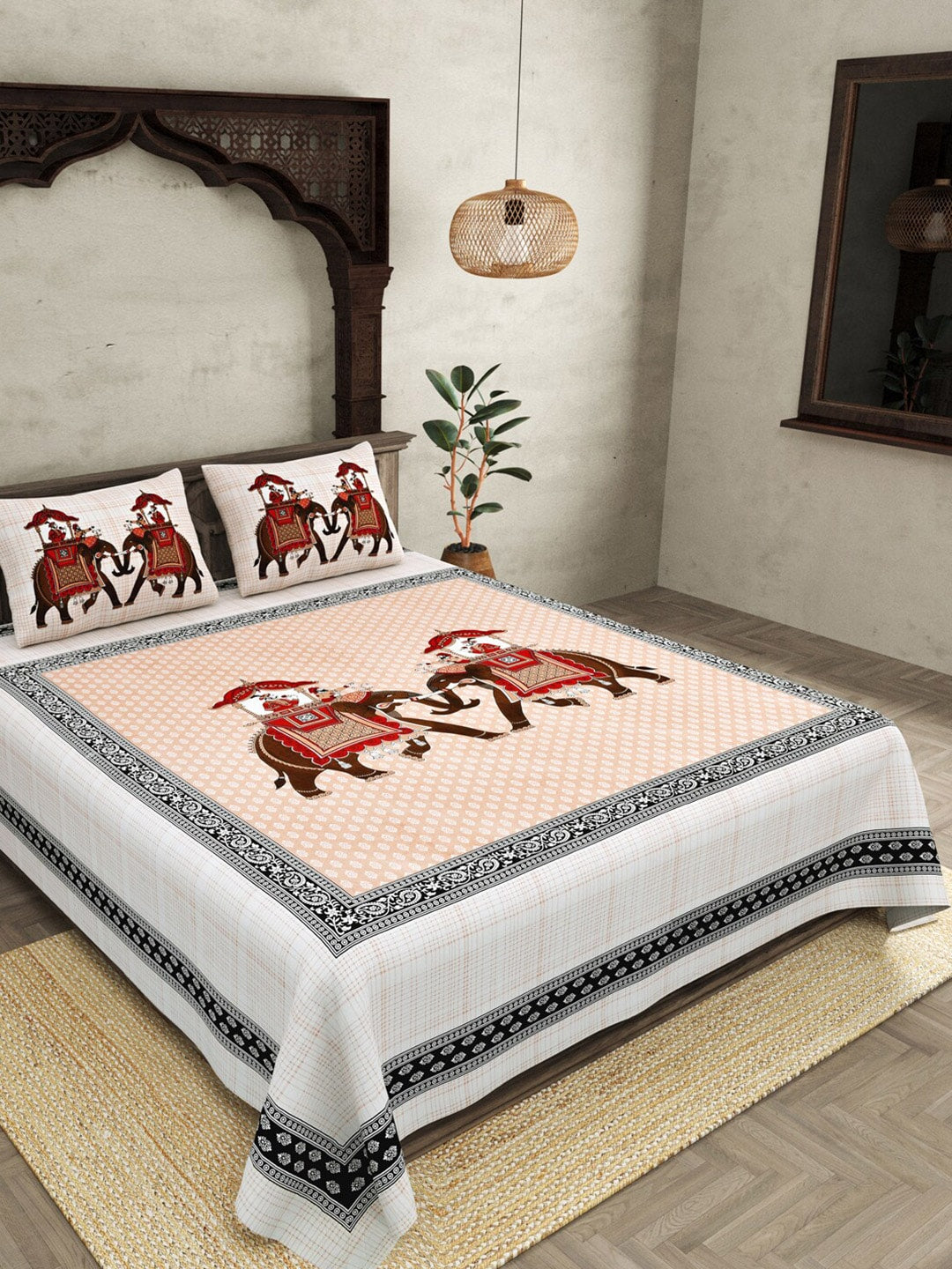 JAIPUR FABRIC Peach Ethnic Motifs Cotton 250 TC Super King Bedsheet With 2 Pillow Covers - Distacart