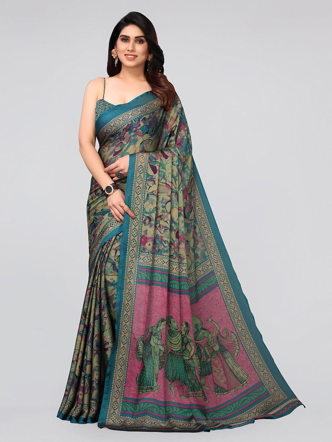 Kalini Turquoise Blue & Green Poly Chiffon Saree - Distacart