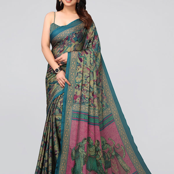 Kalini Turquoise Blue & Green Poly Chiffon Saree - Distacart