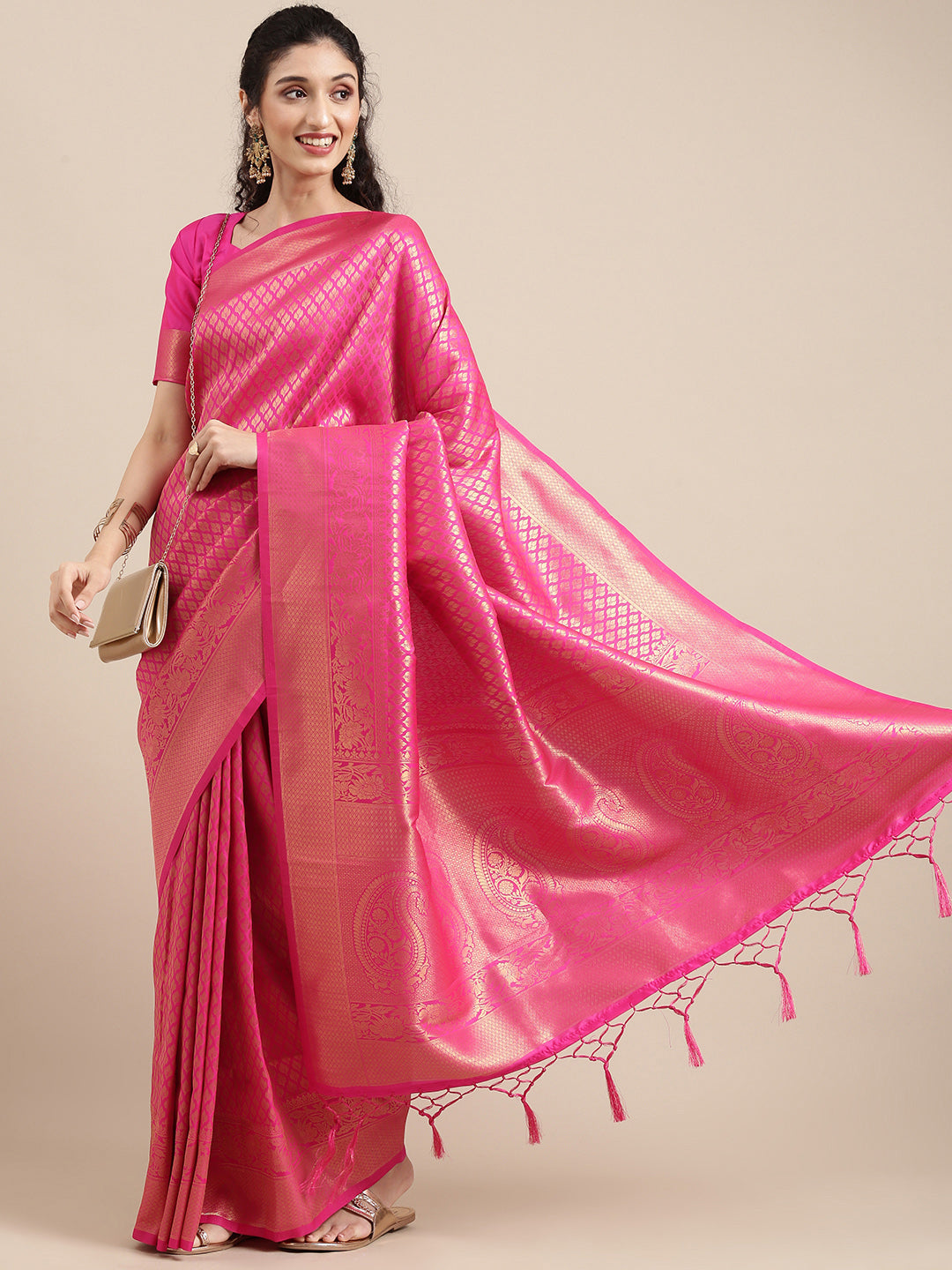 Saree Mall Pink Ethnic Motifs Zari Silk Blend Banarasi Saree For Women - Distacart