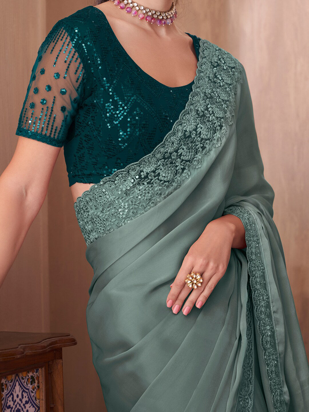 Mitera Sea Green Embellished Sequinned Border Saree - Distacart