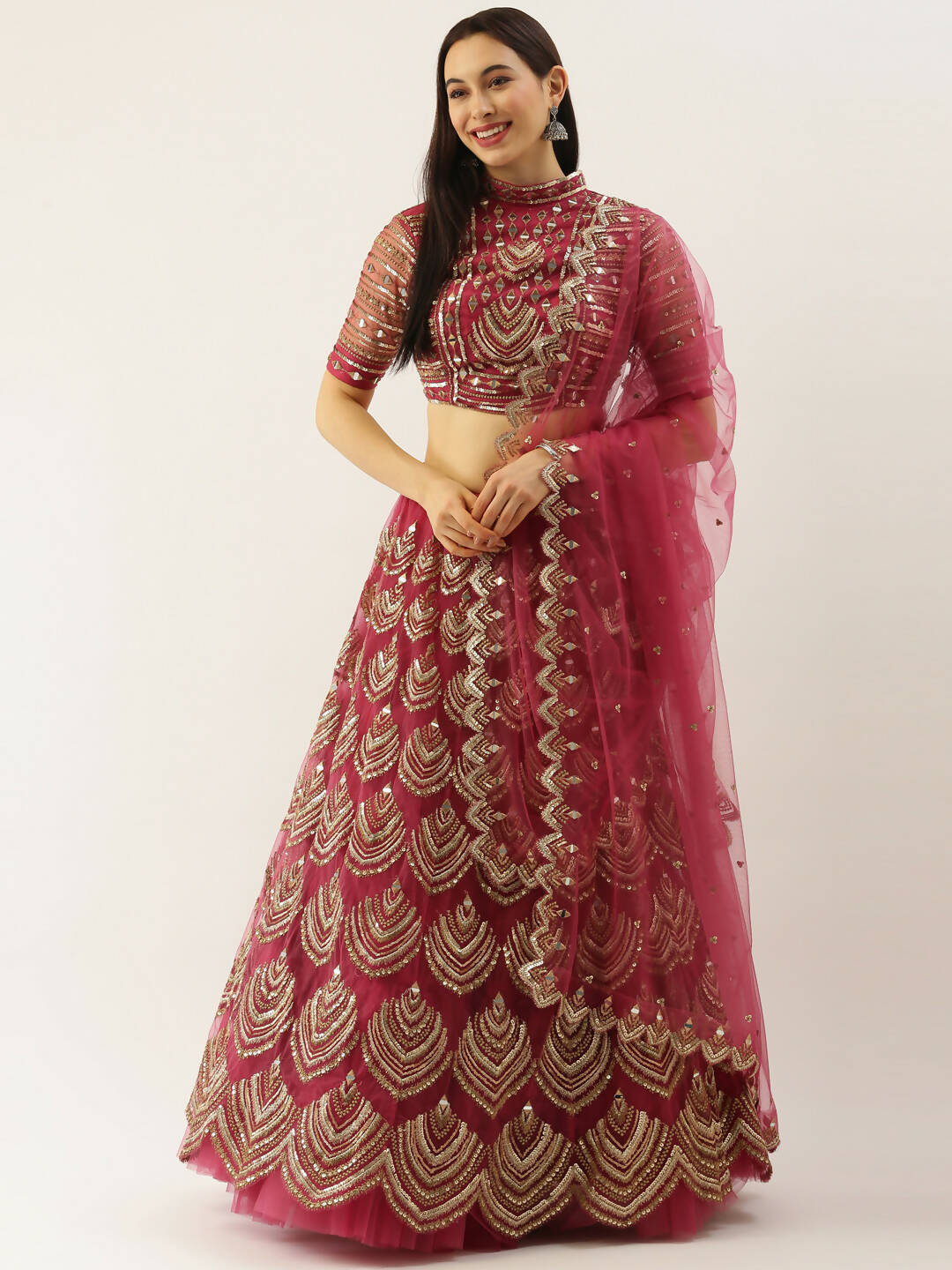 House of Panchhi Women Rosegold Net Embroidered Mirror Lehenga & Blouse with Dupatta - Distacart