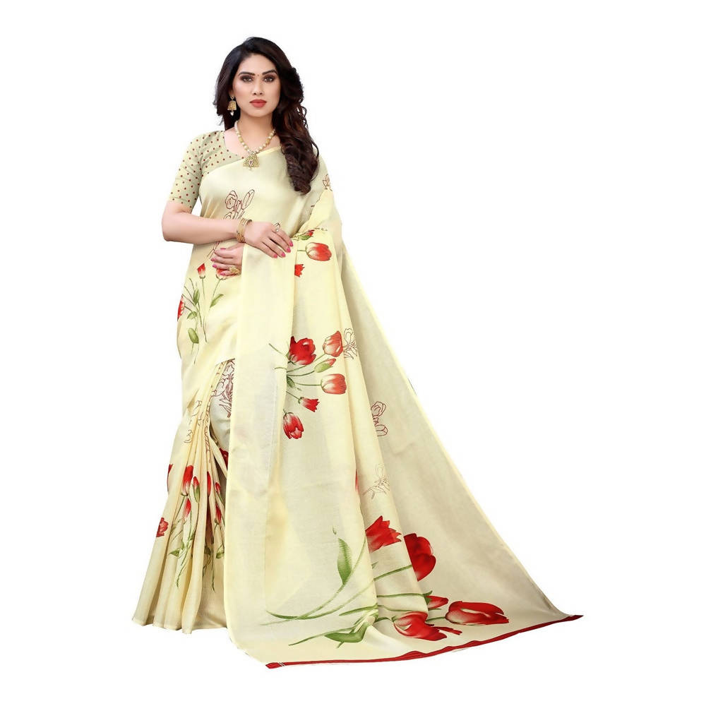 Vamika Printed Jute Silk Cream Saree (Elisa Cream)