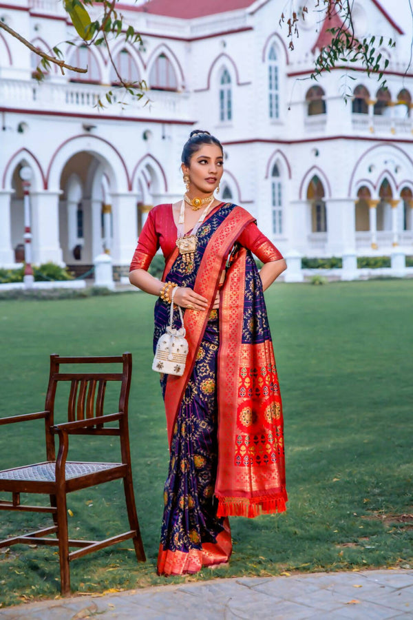 Vishnu Weaves Women's Navy Blue Patola Banarasi Silk Meenakari Zari Woven Saree with Blouse - Distacart