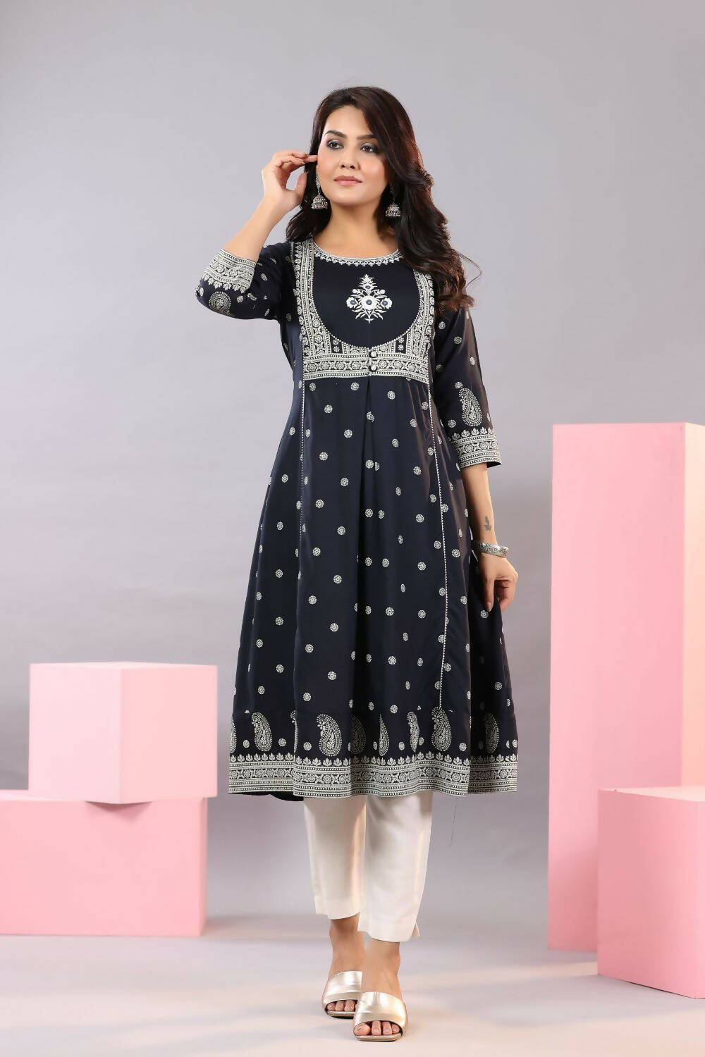 Juniper Women Indigo Rayon Printed A-Line Kurta - Distacart