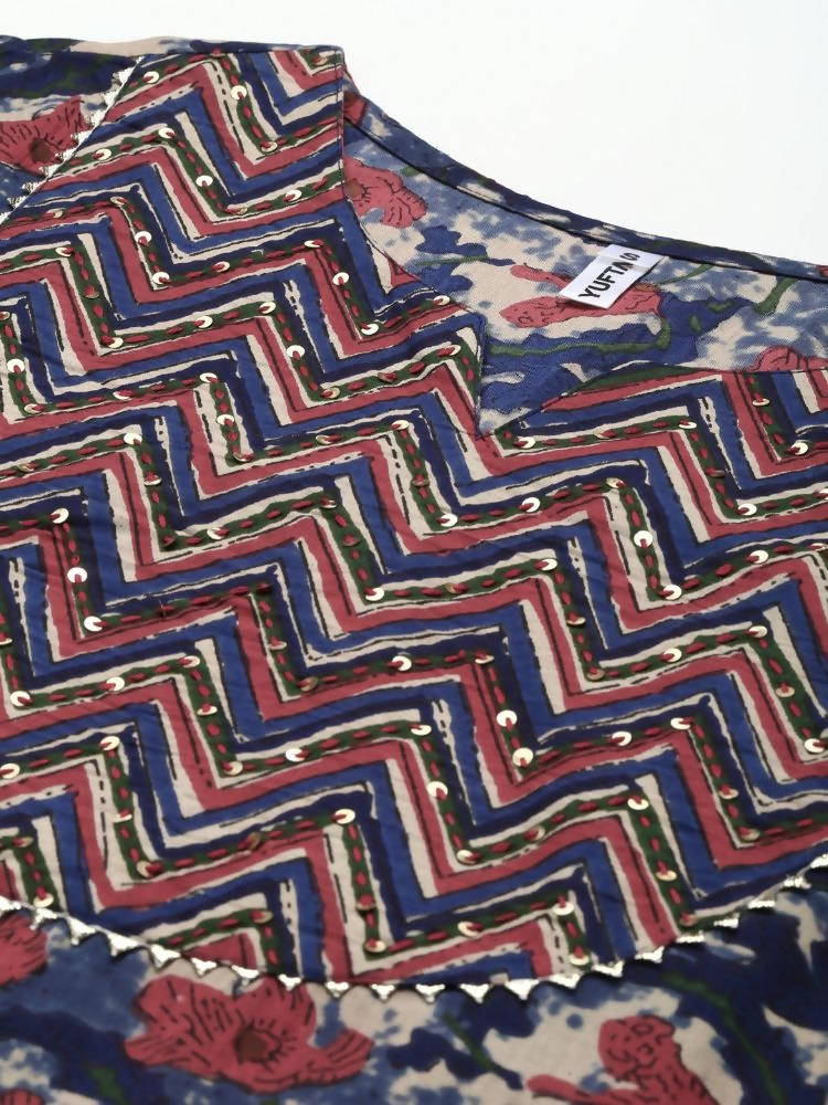 Yufta Women Navy Blue & Red Floral Printed Pure Cotton Kurta with Trouser and Dupatta