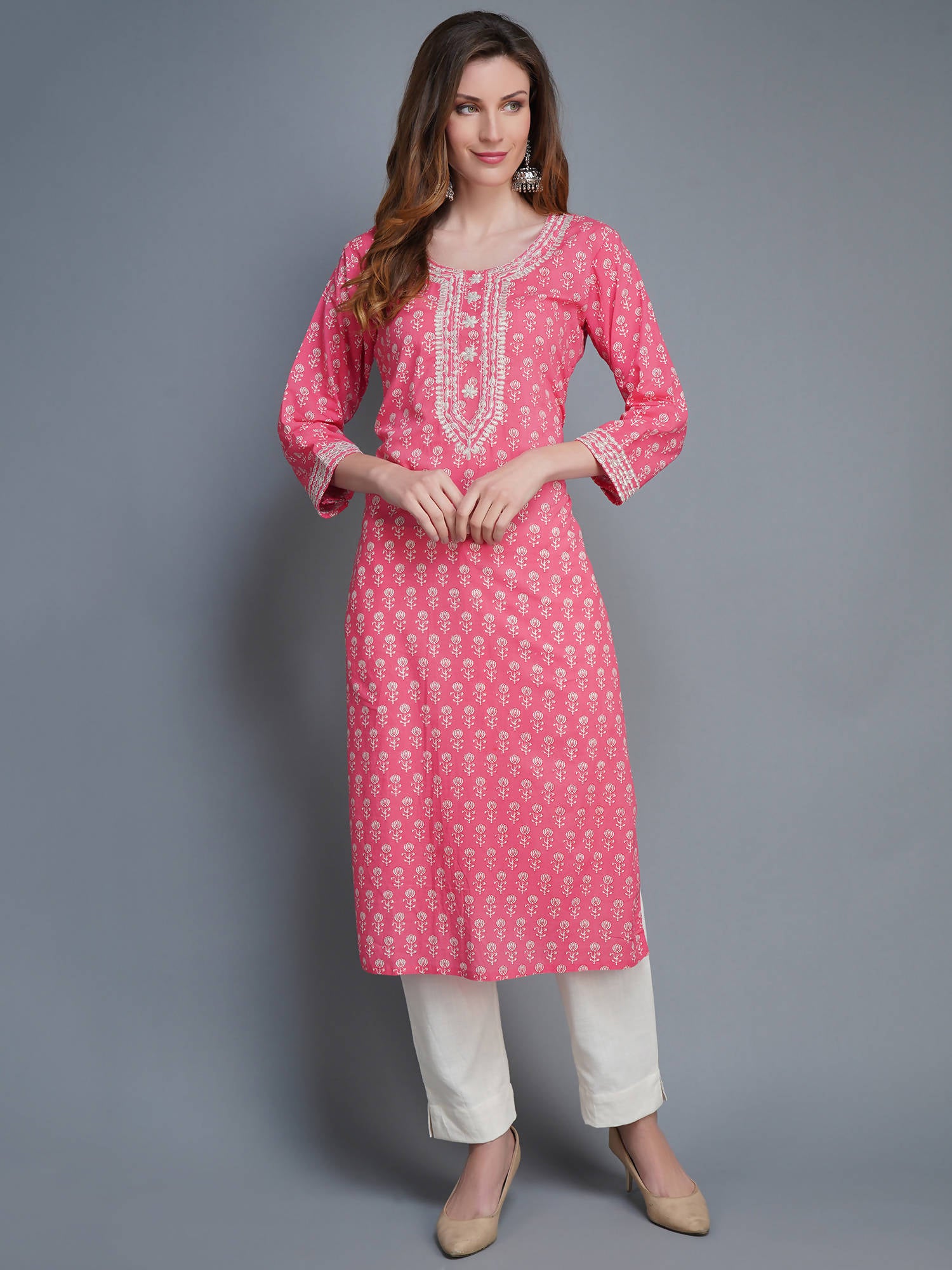 Shehnaai Pink Colour Cotton Kurta With Floral Motifs