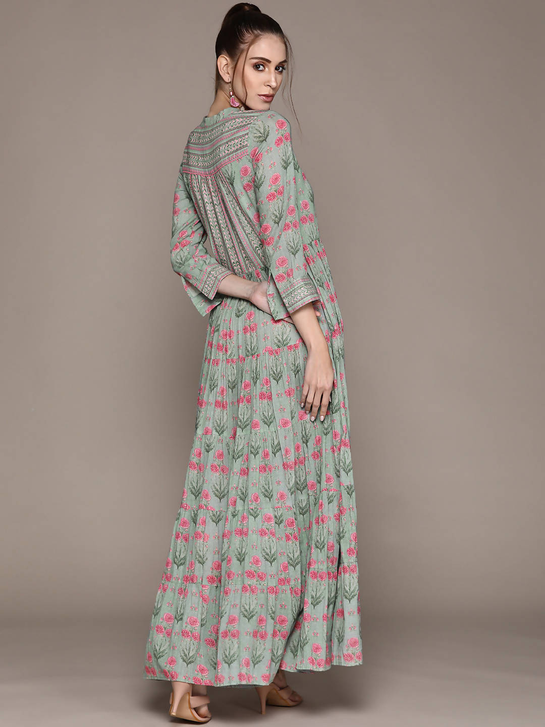 Ritu Kumar Grey & Green Floral Ethnic Maxi Dress - Distacart