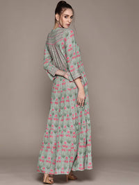 Thumbnail for Ritu Kumar Grey & Green Floral Ethnic Maxi Dress - Distacart