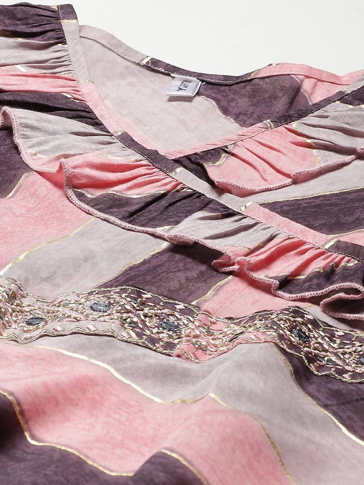 Yufta Women Purple & Multicoloured A-Line Striped Kurta