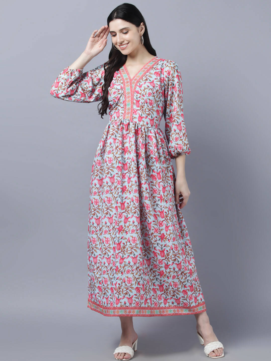 Myshka Women Red Printed Pure Cotton Maxi Dress - Distacart